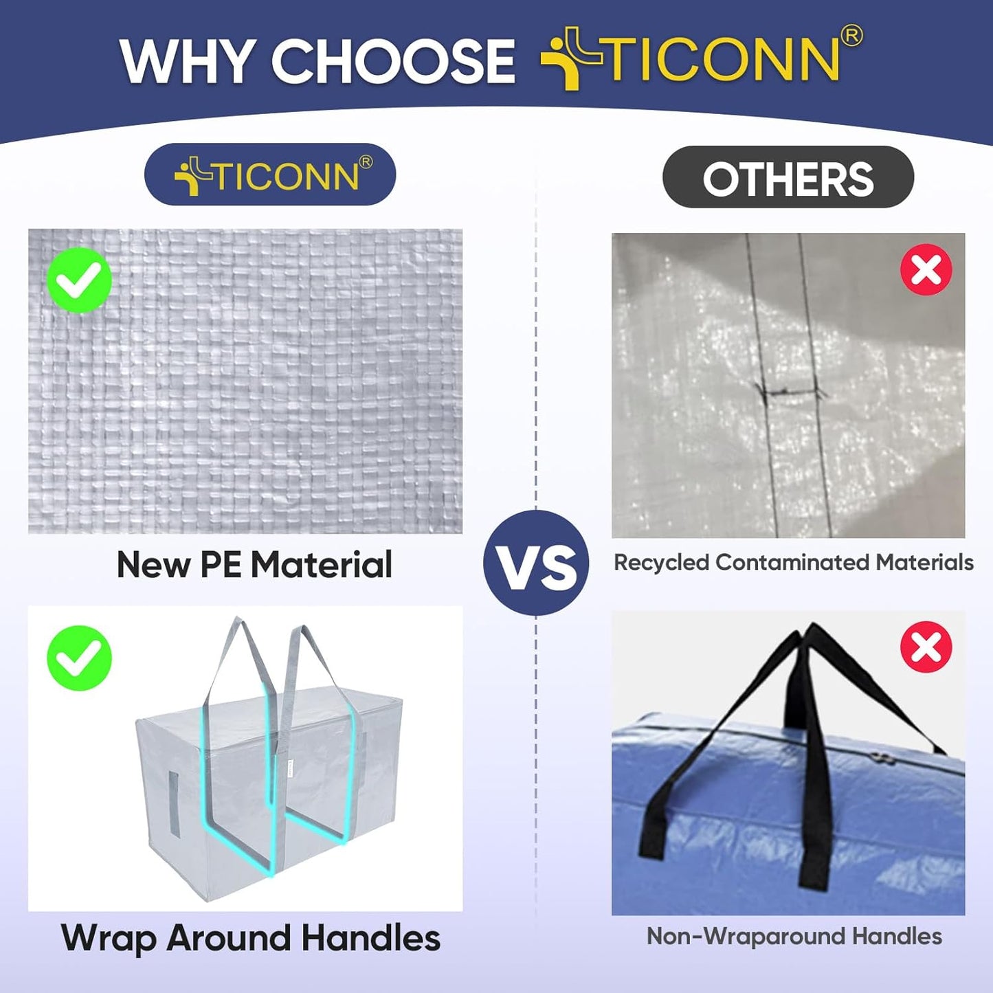 TICONN Extra Large Moving Bags - Heavy Duty Storage with Zippers & Handles | 6 Pack in Light Grey