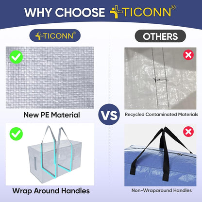 TICONN Extra Large Moving Bags - Heavy Duty Storage with Zippers & Handles | 6 Pack in Light Grey