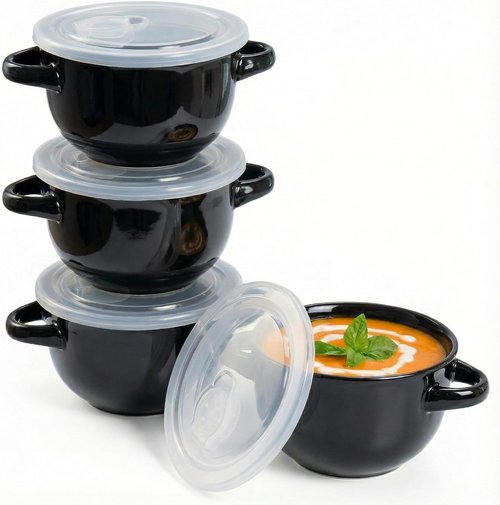 KooK French Onion Soup Crocks - Ceramic Bowls with Handles, 18 oz, Set of 4 | Dishwasher & Oven Safe, Black