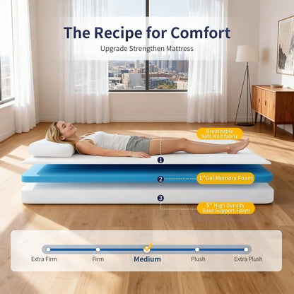 FDW 6-Inch Twin Mattress - Medium Firm Gel Memory Foam | CertiPUR-US Certified | Pressure Relief & Cooling Cover