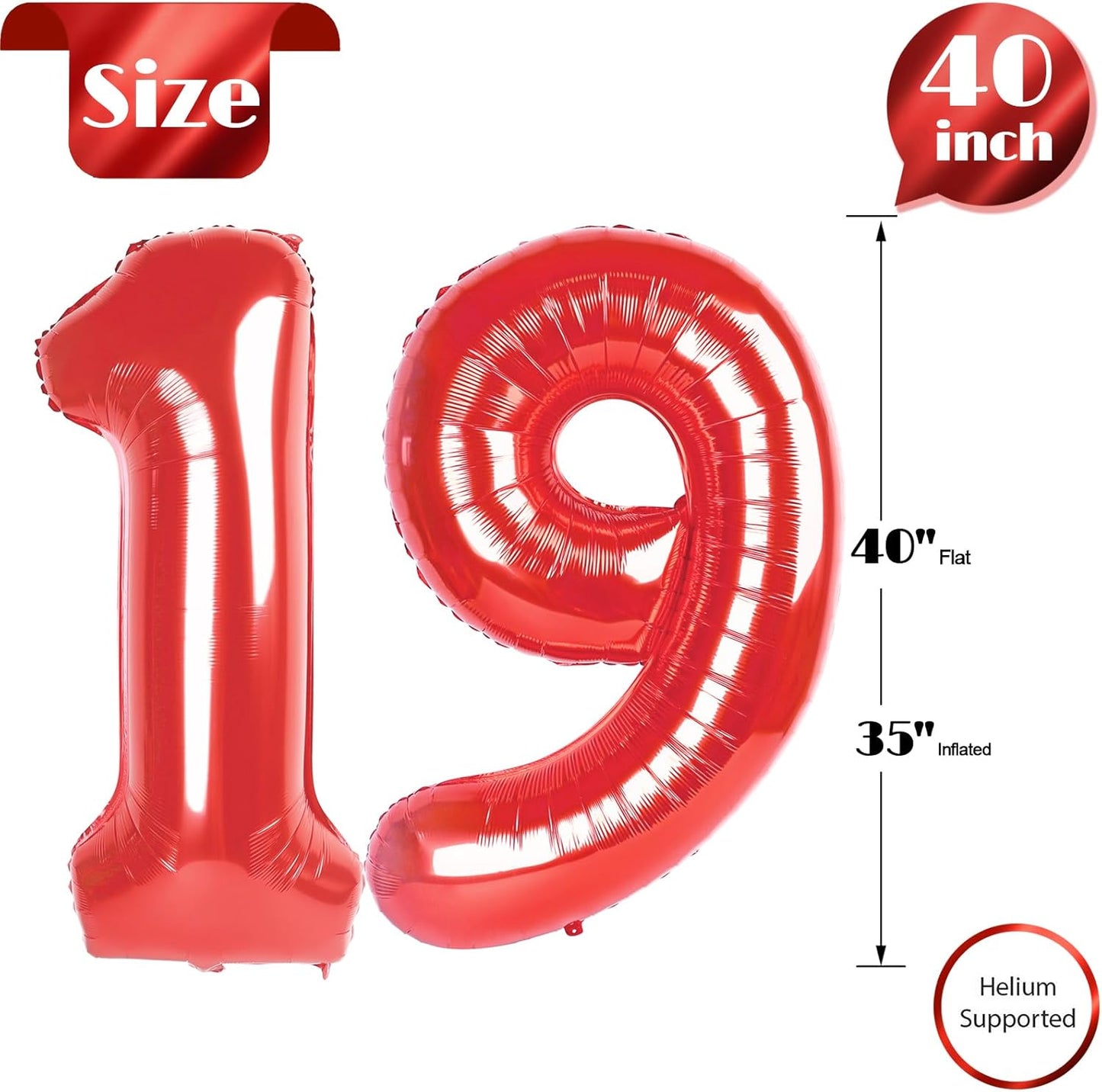 Red Number 19 Balloon - 40 Inch Birthday Decoration for 19th Birthday Party Supplies