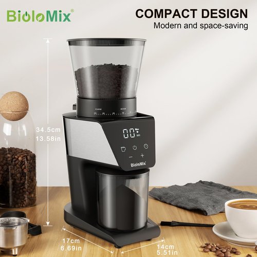 BioloMix Electric Coffee Grinder, Conical Burr Grinder with 30 Precise Grind Settings, LCD Touchscreen, Anti-Static Technology, for Espresso, French Press,1-12 Cups, Black