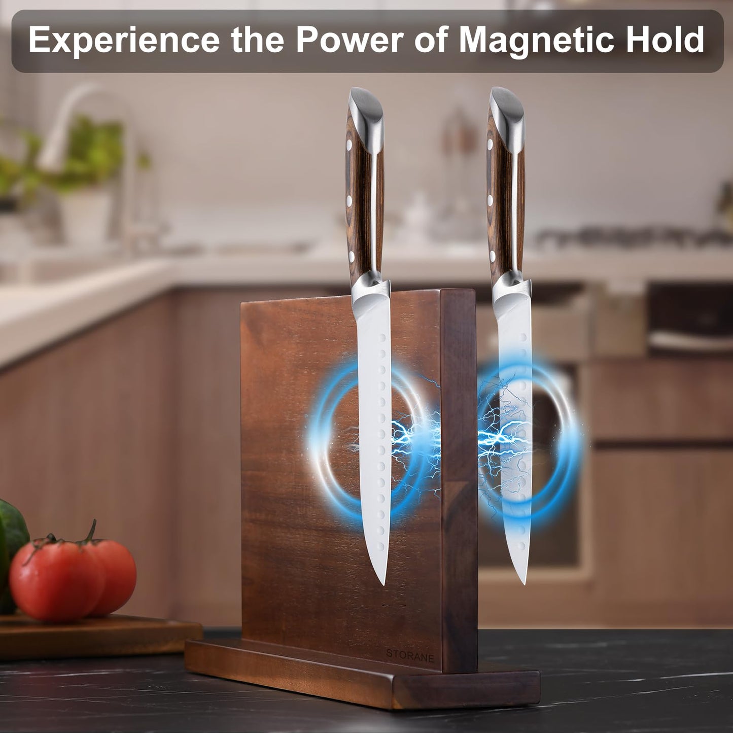 Magnetic Knife Block Acacia Wood -Double Sided Magnetic Knife Holder Rack for Kitchen Counter -Universal Knife Block Without Knives Wooden Multifunctional Storage Fully Assembled (12 x 10 inches)