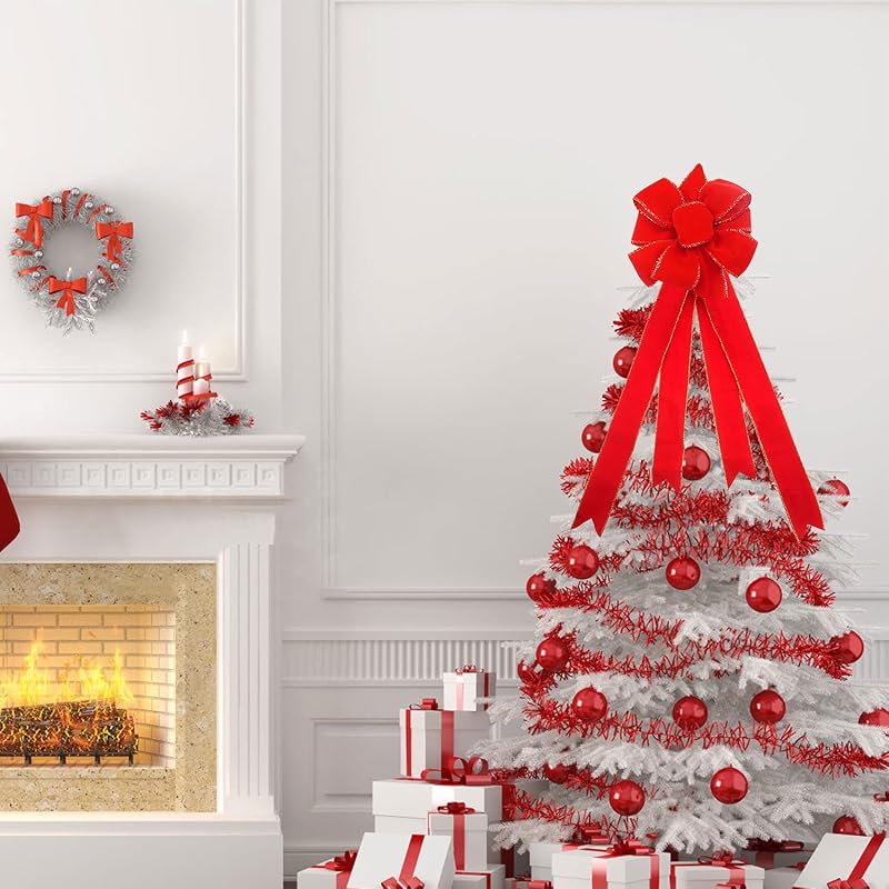 Velvet Red Christmas Tree Bows, 2-Pack Handmade Topper with Gold Wire - 11in x 15.7in Ready-to-Use