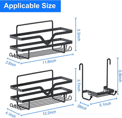 Skiennix Shower Caddy 3 Pack - Rustproof No Drill Organizer Shelves with Soap Dish & Hooks | Black