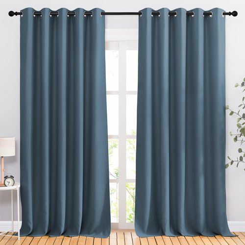 NICETOWN Blackout Smoky Blue Curtains for Sliding Glass Door, Grommet Window Treatment Thermal Curtains Room Dividers for Living Room/Bedroom, 2 Panels, W66 x L102