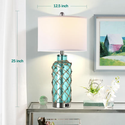 Cottage Nautical Accent Table Lamp Set of 2, Touch Coastal Blue Green Glass Rope Net Bedside Lamp with USB C+A Fast Charging Ports, 3-Way Dimmable Nightstand Lamps White Shade for Living Room Bedroom