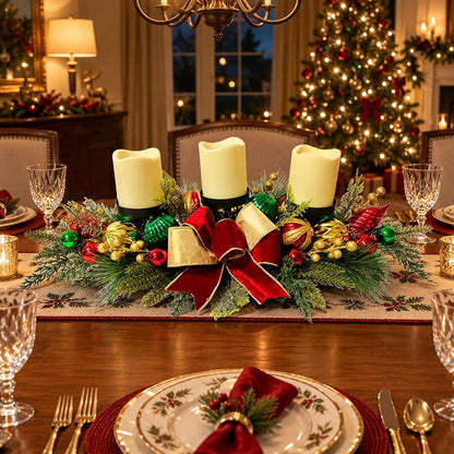 Christmas Candle Holder Centerpiece with 3 Candle Holders and Red Bow
