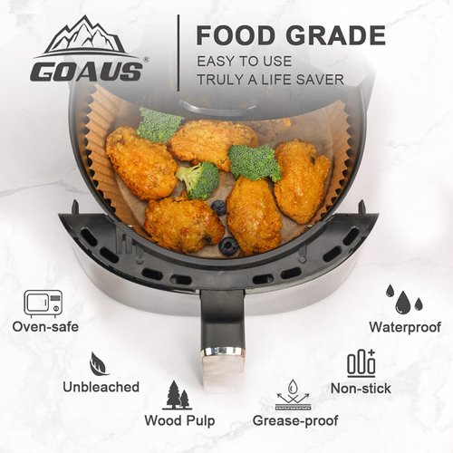 GOAUS Air Fryer Disposable Round Paper Liners - 125 Pcs Extra Large, 9 Inch Unbleached Non-Stick Parchment