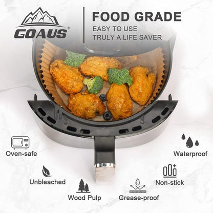 GOAUS Air Fryer Disposable Round Paper Liners - 125 Pcs Extra Large, 9 Inch Unbleached Non-Stick Parchment