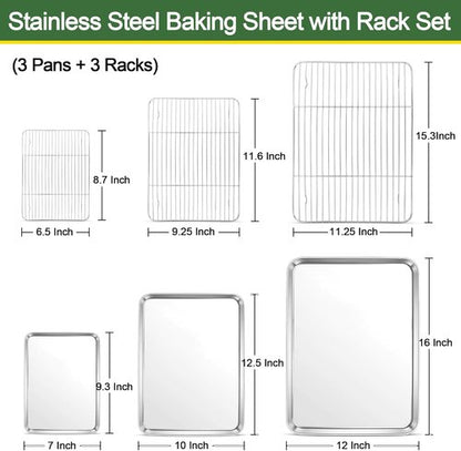 E-far Baking Sheet Set - Stainless Steel Cookie Sheets with Cooling Racks | 16/12.5/9.3 Inch, Non-Toxic & Easy Clean