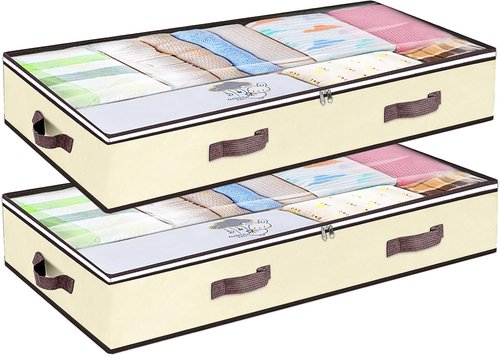 90L Under Bed Storage Containers - Clear Window Organizers for Toys & Clothing | 2 Pack Beige