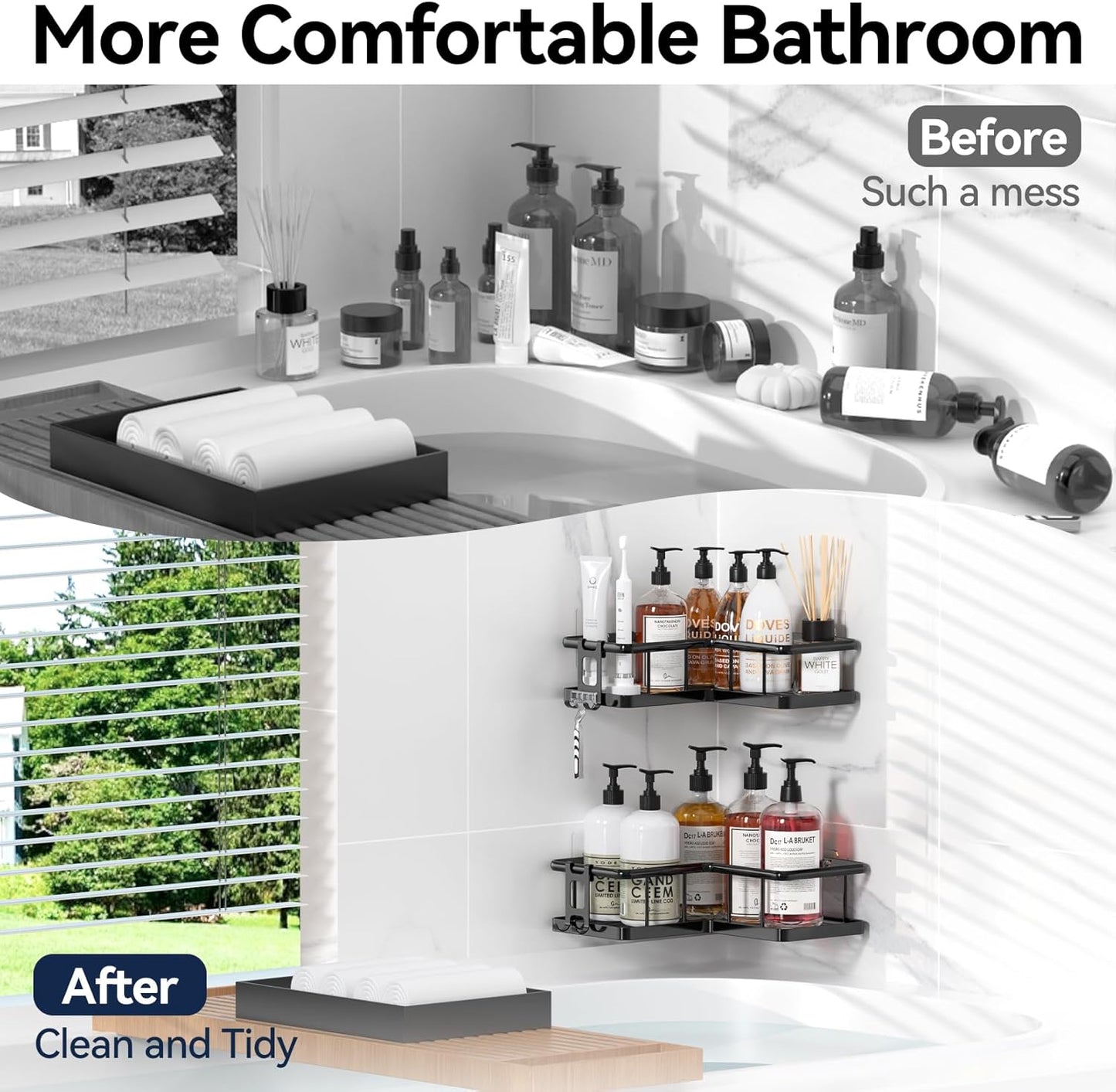 YASONIC Corner Shower Caddy - No Drill Adhesive Storage Shelves | Rustproof Stainless Steel, Black - 2 Pack with Hooks