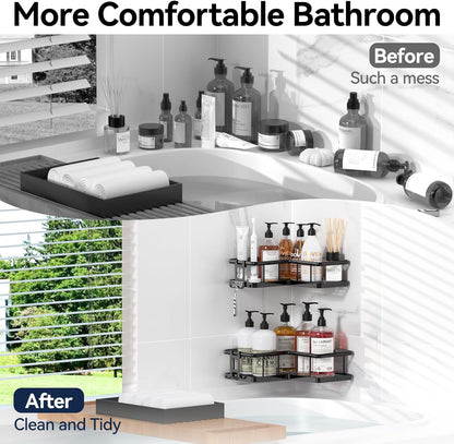 YASONIC Corner Shower Caddy - No Drill Adhesive Storage Shelves | Rustproof Stainless Steel, Black - 2 Pack with Hooks