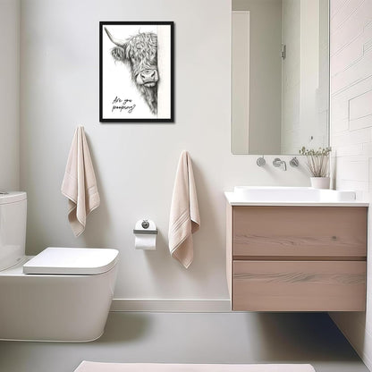 Skiennix Funny Highland Cow Wall Art - Black & White Rustic Bathroom Decor | 12x16 Inch Framed Canvas