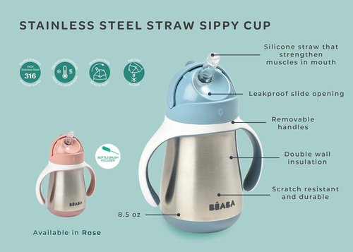 Beaba Stainless Steel Sippy Cup - Insulated, Spill-Proof Toddler Cup with Removable Handles | 8.5 oz, Rain