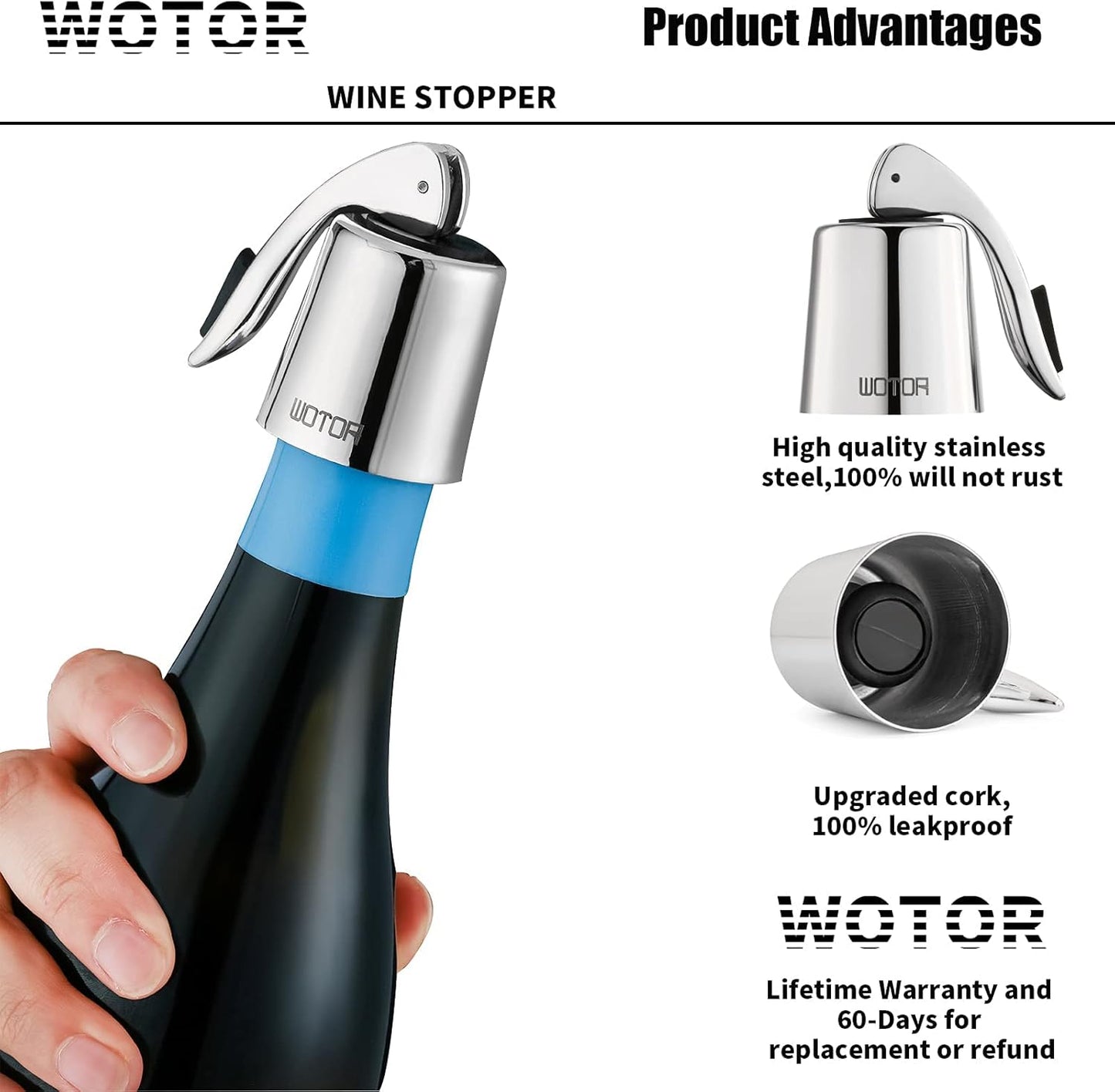 WOTOR Champagne Stoppers with Stainless Steel + Wine Stoppers Stainless Steel 2 Pack (Silver)