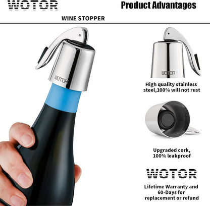 WOTOR Champagne Stoppers with Stainless Steel + Wine Stoppers Stainless Steel 2 Pack (Silver)