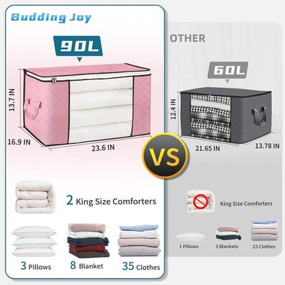 Budding Joy 90L Large Storage Bags - 4 Pack Foldable Closet Organizers for Clothes, Blankets & Toys | Pink
