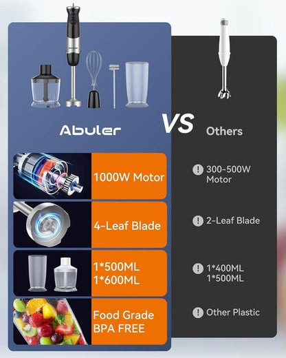 Immersion Blender 1000W - 5-in-1 Handheld Stick Blender with 12 Speeds & BPA-Free Accessories