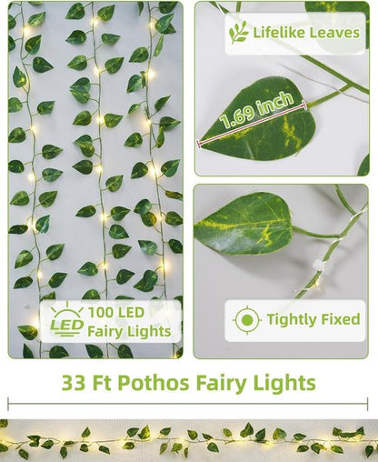 KASZOO 33ft 100 LED Fairy Lights - Battery/USB Operated Pothos Vine String Lights for Bedroom & Garden Decor