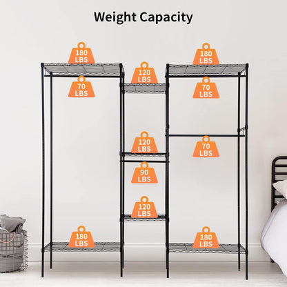 PayLessHere Adjustable Metal Garment Rack - Portable Clothing Organizer with 4 Hanger Rods & 7 Shelves | Black, 830 LBS Capacity