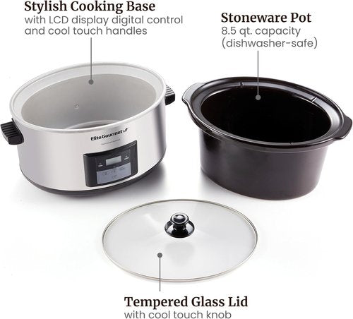 Elite Gourmet MST-900D 8.5Qt Digital XL Slow Cooker - Adjustable Temp for Perfect Entrees & Sauces