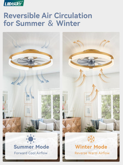 LEDIARY Ceiling Fans with Lights and Remote, 19.7 Inch Low Profile Ceiling Fan, 6 Speeds, Reversible, Dimmable Flush Mount Fan Light,Modern Ceiling Fan with Light for Bedroom, Gold