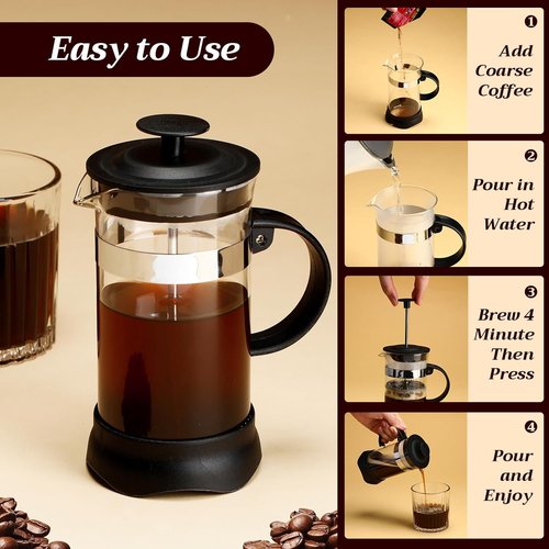 LemonRoad French Press Coffee Maker - Borosilicate Glass & Stainless Steel - 34oz for Travel & Camping