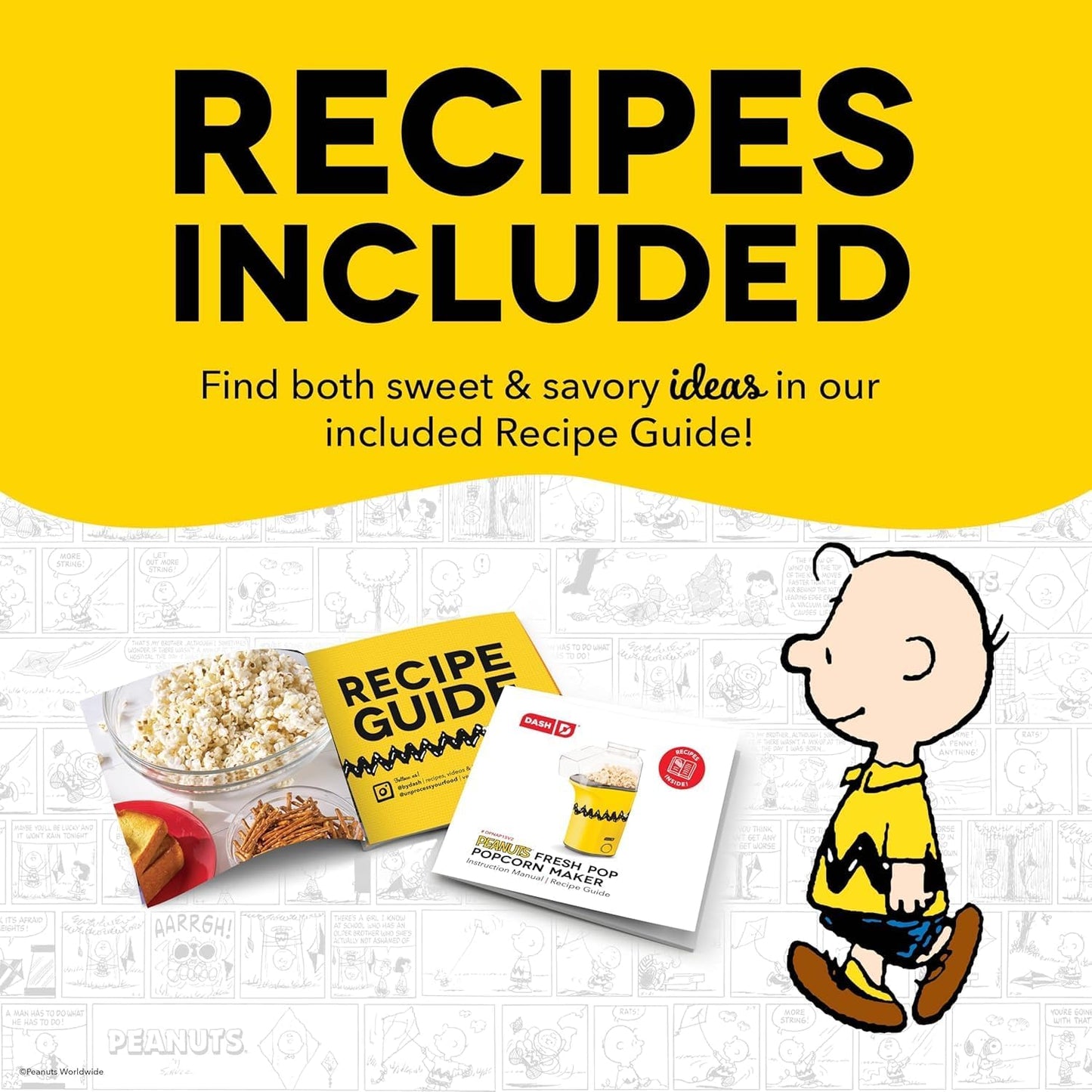Peanuts DASH Fresh Pop Popcorn Maker - Oil-Free Air Popcorn Popper with Measuring Cup & Recipe Guide - 16 Cups for Movie Nights