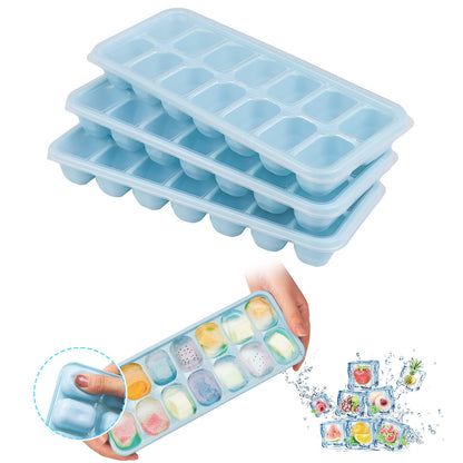 DOQAUS Ice Cube Trays 4 Pack, Easy-Release Silicone and Flexible 14-Ice Cube Trays with Spill-Resistant Removable Lid, LFGB Certified and BPA Free, for Cocktail, Beer, Stackable Flexible Ice Trays