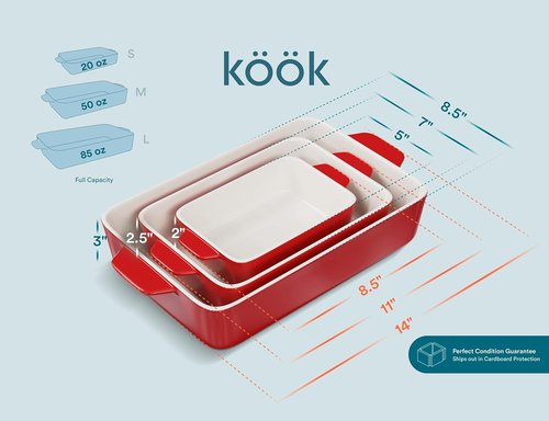 Kook Ceramic Bakeware Set - Rectangular Baking Dishes for Casseroles & Lasagna | 3-Piece Set in Cherry