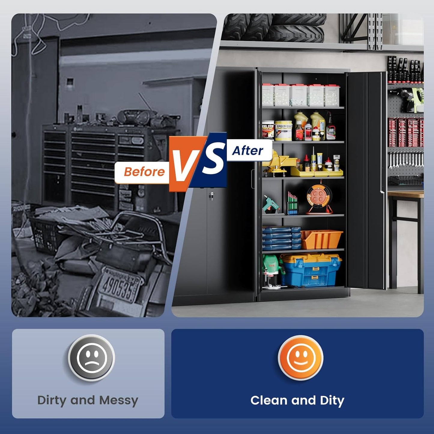 Yizosh Metal Storage Cabinet - 72" Lockable Garage Storage with 2 Doors & 5 Adjustable Shelves, Black Steel