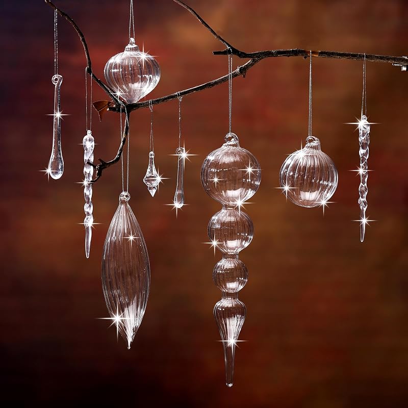 24 Pack Clear Christmas Ornaments - Glass Balls & Acrylic Drops Set