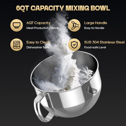 HOZODO Stainless Steel Bowl for KitchenAid 6QT Bowl-Lift Mixers | 6-Quart Replacement with Handle, Compatible with Attachments & Stand Mixer Accessories