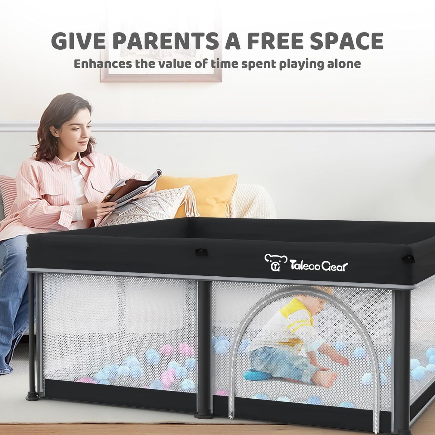 Taleco Gear Foldable Baby Play Pen - Breathable Travel Playpen with Mat & 50 Ocean Balls | 50''x50'' Size