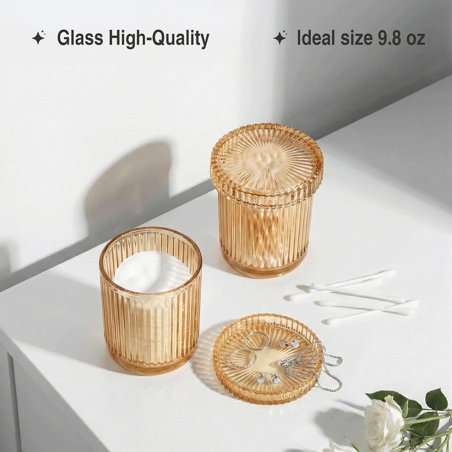 Skiennix Glass Qtip Holder Dispenser - 2 Pack Bathroom Organizers for Cotton Swabs & Makeup Storage (Amber)