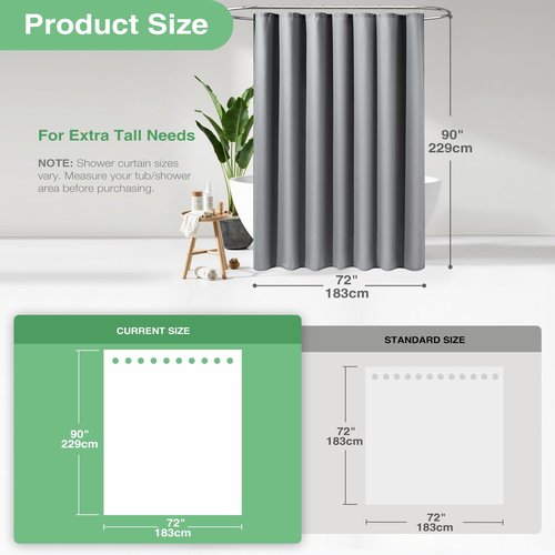 Dynamene Extra Long Fabric Shower Curtain - Waffle Weave 90 Inches Long Heavy Duty Cloth Shower Curtains for Bathroom, 256GSM Tall Hotel Luxury Bath Curtain Set with 12 Plastic Hooks,Grey/Gray