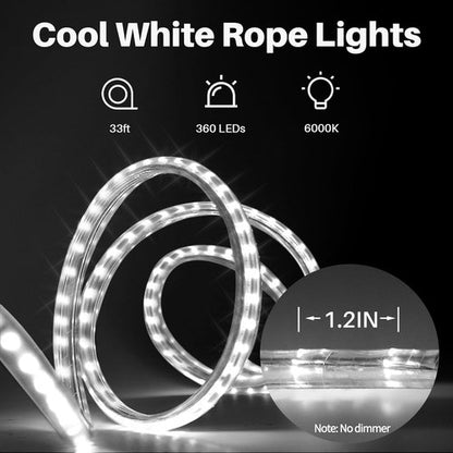 **LED Rope Lights by [Brand Name] - 33ft Waterproof Cool White Decorative Lighting for Indoor/Outdoor Use | 360 LEDs**