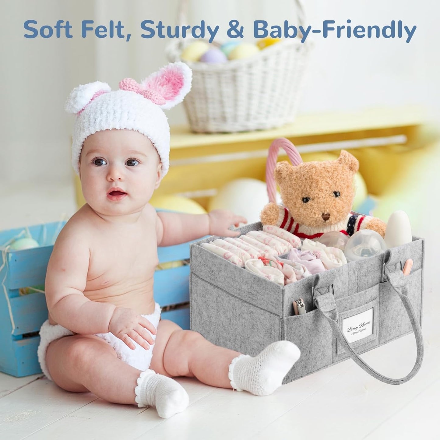 Skiennix Diaper Caddy Organizer - Collapsible Baby Basket with Handle & Photo Frame - Grey, 11.8 x 6.3 x 9.0 Inch