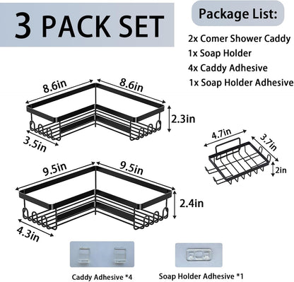 Skiennix Corner Shower Caddy - 3 Pack Rustproof Stainless Steel Organizers | No-Drill Adhesive Shelves, Black