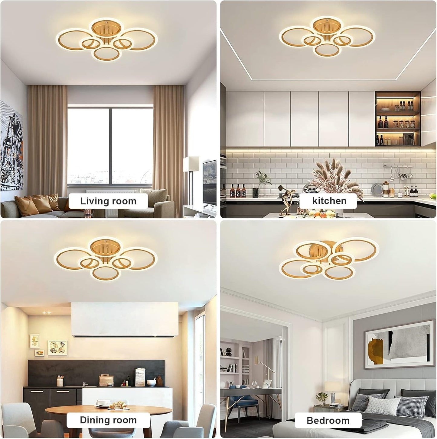 TEMINBU Modern LED Ceiling Light, Gold 6 Rings Flush Mount Ceiling Light, 4000K Lighting Fixture Ceiling Lamp for Kitchen, Bedroom, Living Room, Laundry Room