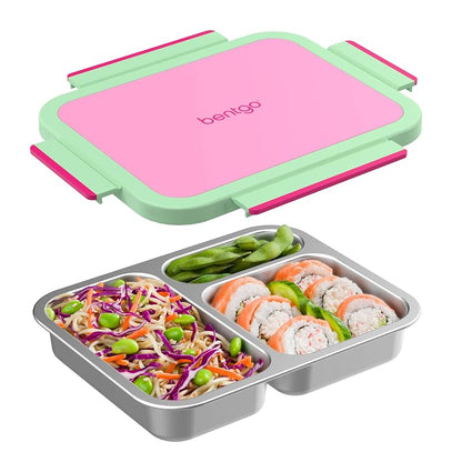 Bentgo Stainless Steel Lunch Box with 3 Compartments, 4.3 Cup Capacity, Leak-Proof Lid - Strawberry