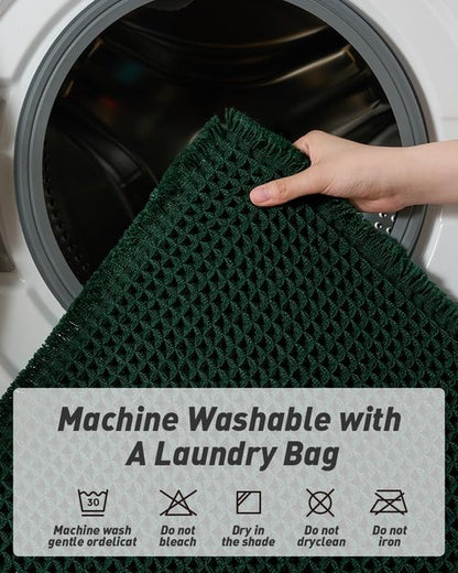 AMOAMI Upgraded Waffle Bath Mat, Super Absorbent Non Slip Bath Mats for Bathroom Floor, Machine Washable Bathroom Rugs with Tassels, Rubber Backed Bathroom Mats, Ultra Soft, 17" x 24", Dark Green