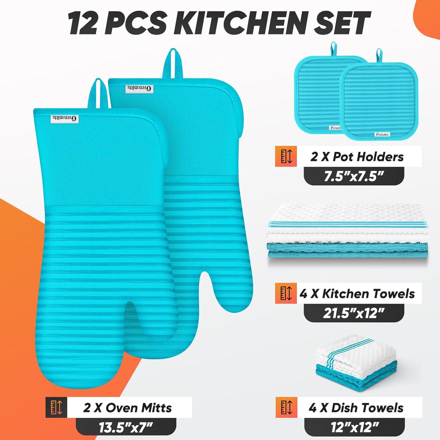Skiennix Oven Mitts Set - 500°F Heat Resistant with Silicone Grip | Includes 2 Gloves, 2 Potholders & 8 Towels