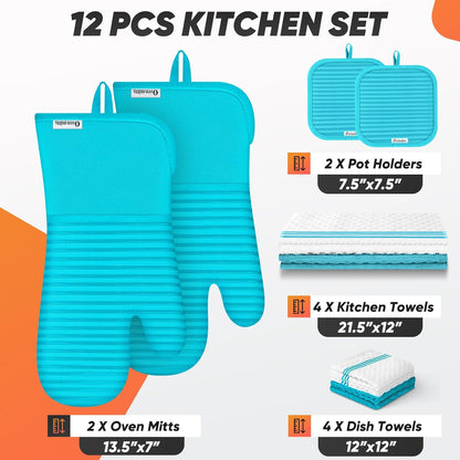 Skiennix Oven Mitts Set - 500°F Heat Resistant with Silicone Grip | Includes 2 Gloves, 2 Potholders & 8 Towels