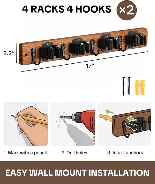 Lorbro Broom Holder Wall Mount - 2 Pack Wooden Mop Organizer with 4 Slots & Hooks | Ideal for Laundry Room, Garage, Kitchen