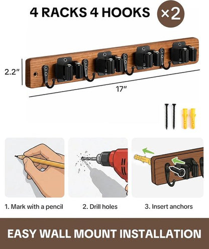 Lorbro Broom Holder Wall Mount - 2 Pack Wooden Mop Organizer with 4 Slots & Hooks | Ideal for Laundry Room, Garage, Kitchen