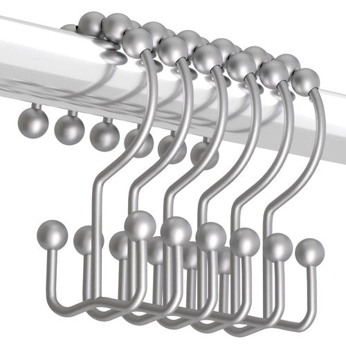 Titanker Shower Curtain Hooks Rings, Rust-Resistant Metal Double Glide Shower Hooks for Bathroom Shower Rods Curtains, Set of 12 Hooks - Space Silver