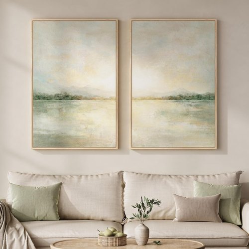 Framed Sage Green Abstract Wall Art - Large Set of 2 Minimalist Canvas Prints | 24x36 Inch for Living Room & Office